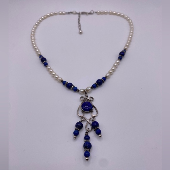 *SOLD*Sterling Silver Lapis Lazuli Pearl Necklace w/ Gold Pyrite Flakes - Picture 2 of 8